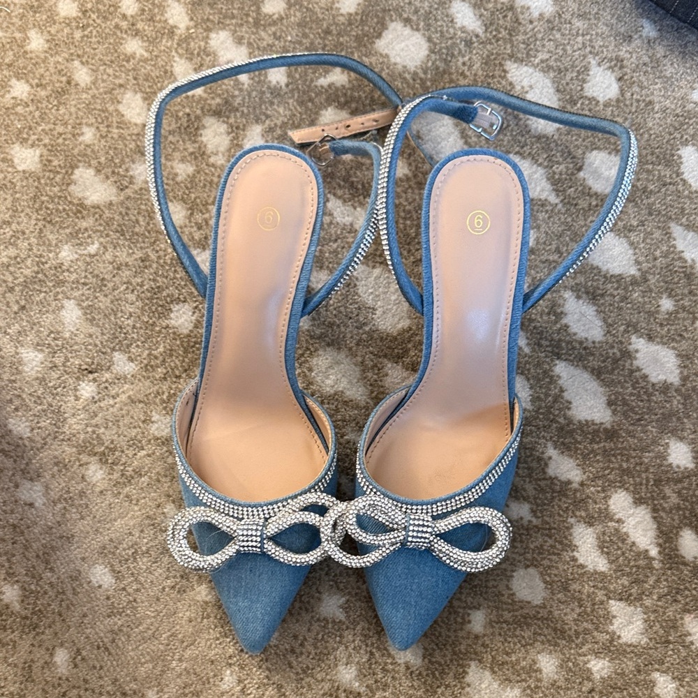 Elegant Blue Denim Women's Heels with Rhinestone Bow